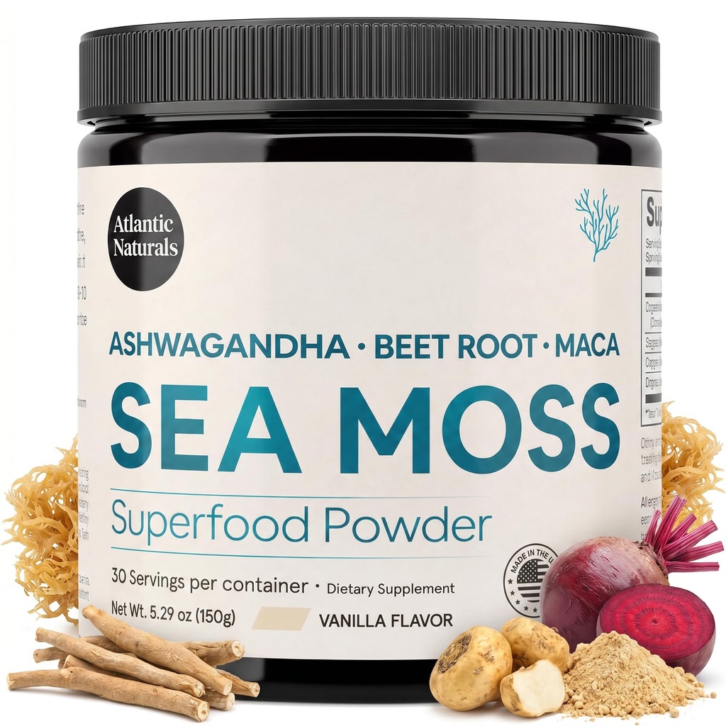 Atlantic Naturals Superfood Organic Sea Moss Powder Blend with Ashwagandha, Maca Root & Beet Root | Ideal for Healthy Skin, Positive Mood & Energy | Vanilla Flavor (150g)