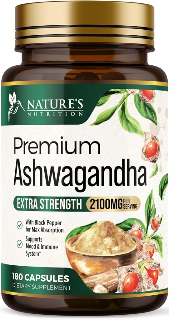 Suplementos Ashwagandha - 2100mg Cápsula Ashwagandha para Mulheres e Homens, Suporte Antioxidante Natural, Extrato de Raiz de Ashwa, Apoio Calmo Força Extra com Pimenta Preta, Vegan & Gluten Grátis - 180 Cápsulas