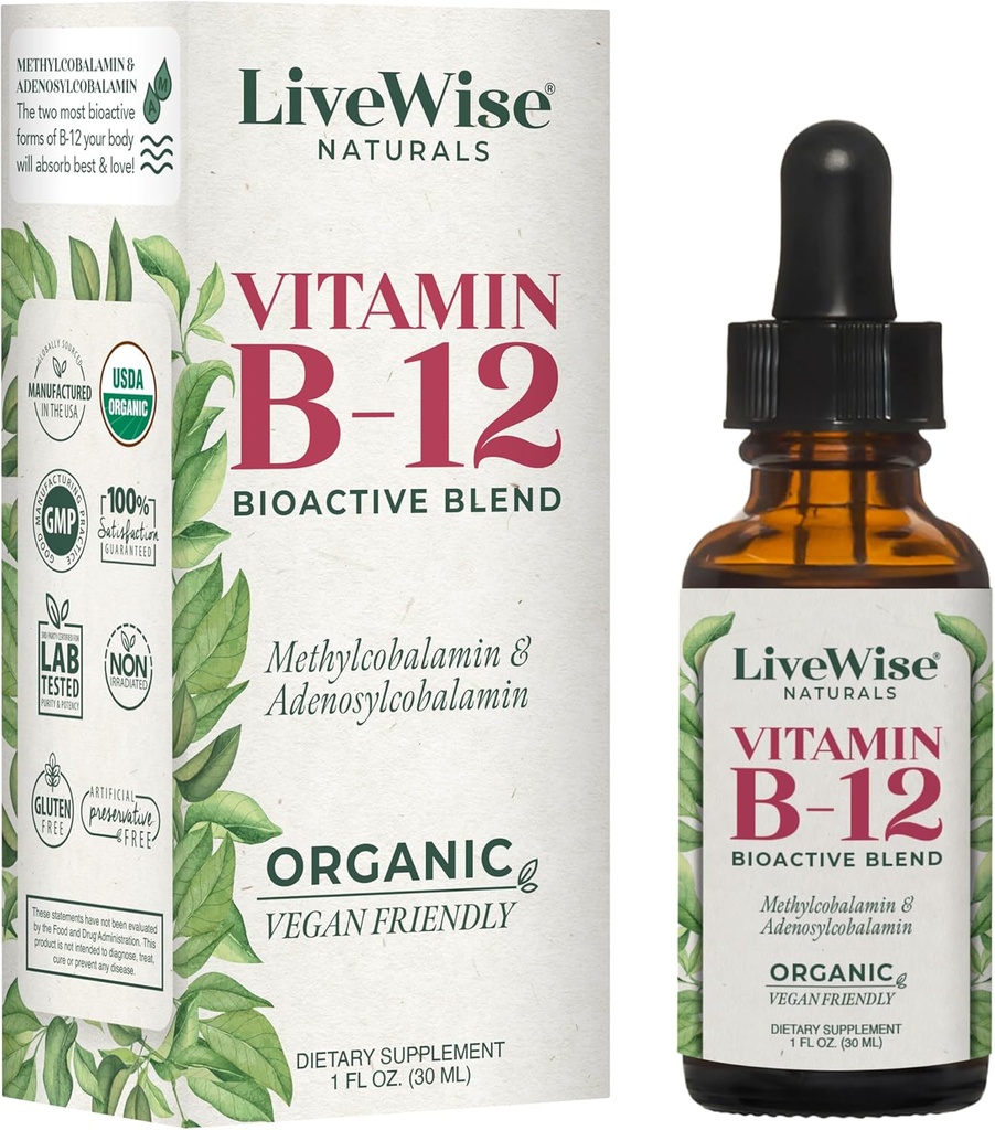 Gocce di vitamina B12 non OGM, miscela bioattiva organica per energia, clarity, messa a fuoco, e facile assorbimento, Adenosylcobalamin & Methylcobalamin Supplement, Vegan, senza glutine, Dairy-Free
