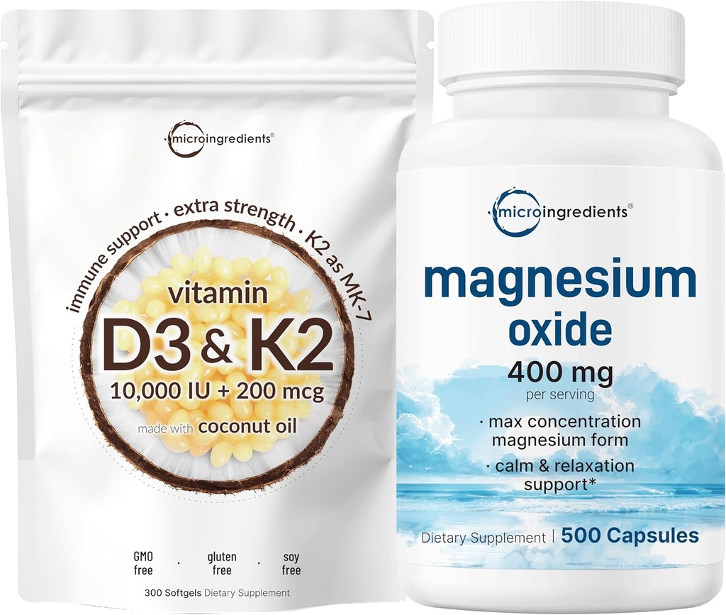 Micro Ingredients ויטמין D3 10,000o + K2 200mcg קוקוס שמן Softgels & Magnesium Oxide 400 מ"ג Bundle Pack | Essential Sunshine ויטמיניםs