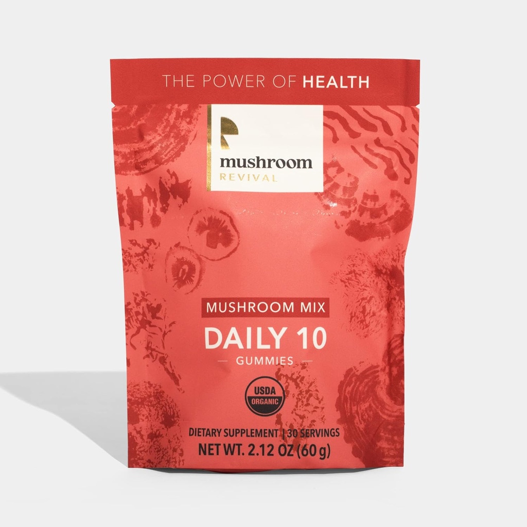 Гъба Revival, Organic, Daily 10 Mushroom Mix Gummies, 2.2 Ounces, Non-GMO, Vegen, Gluten Free, Keto, Dairy Free