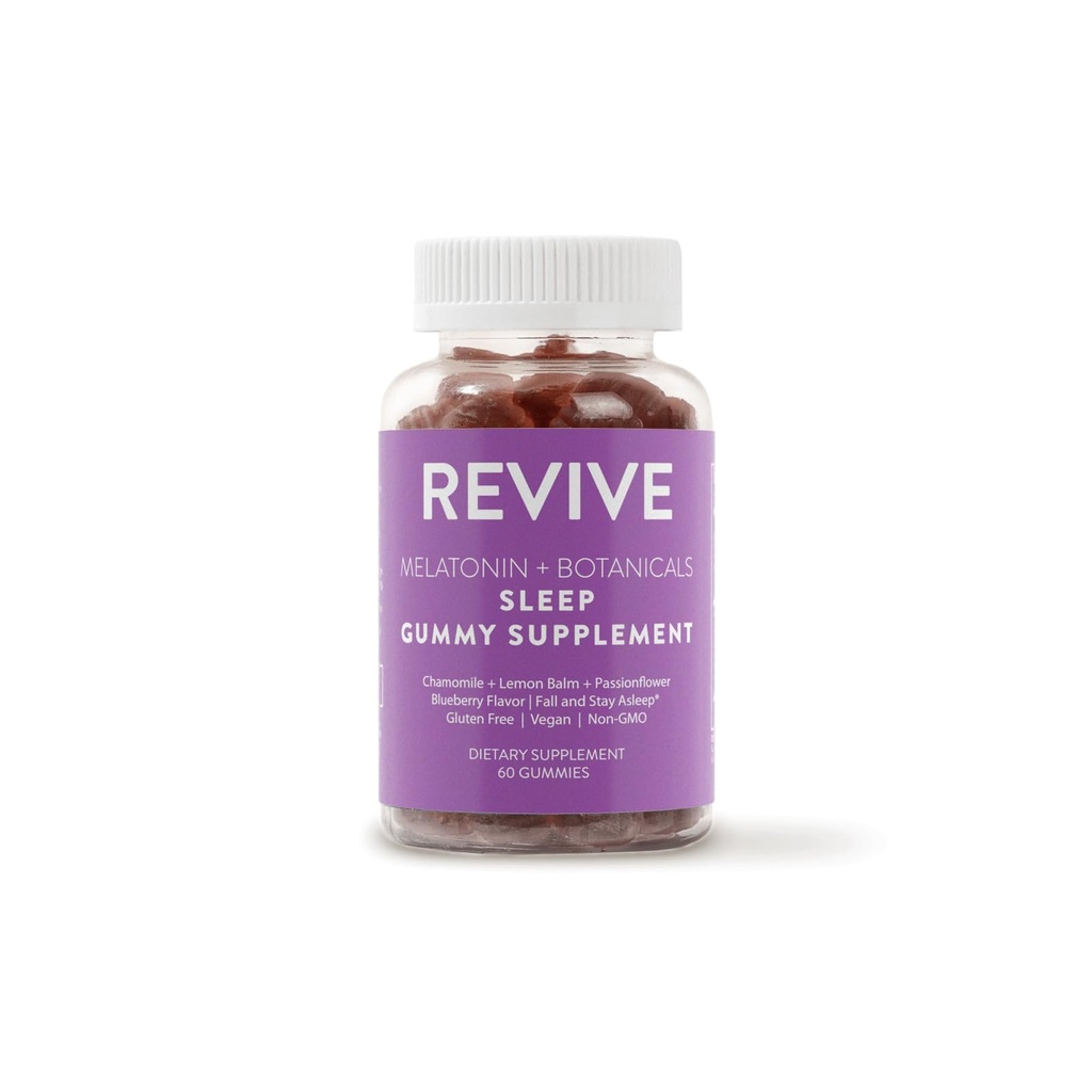 REVIVEEO Melatonin & Botanicals Sleep Gummy Supplement by Revive Essential Oils with Chamomile, Lemon Balm & Passionflower - 5 mg Melatonin - Blueberry Flavored