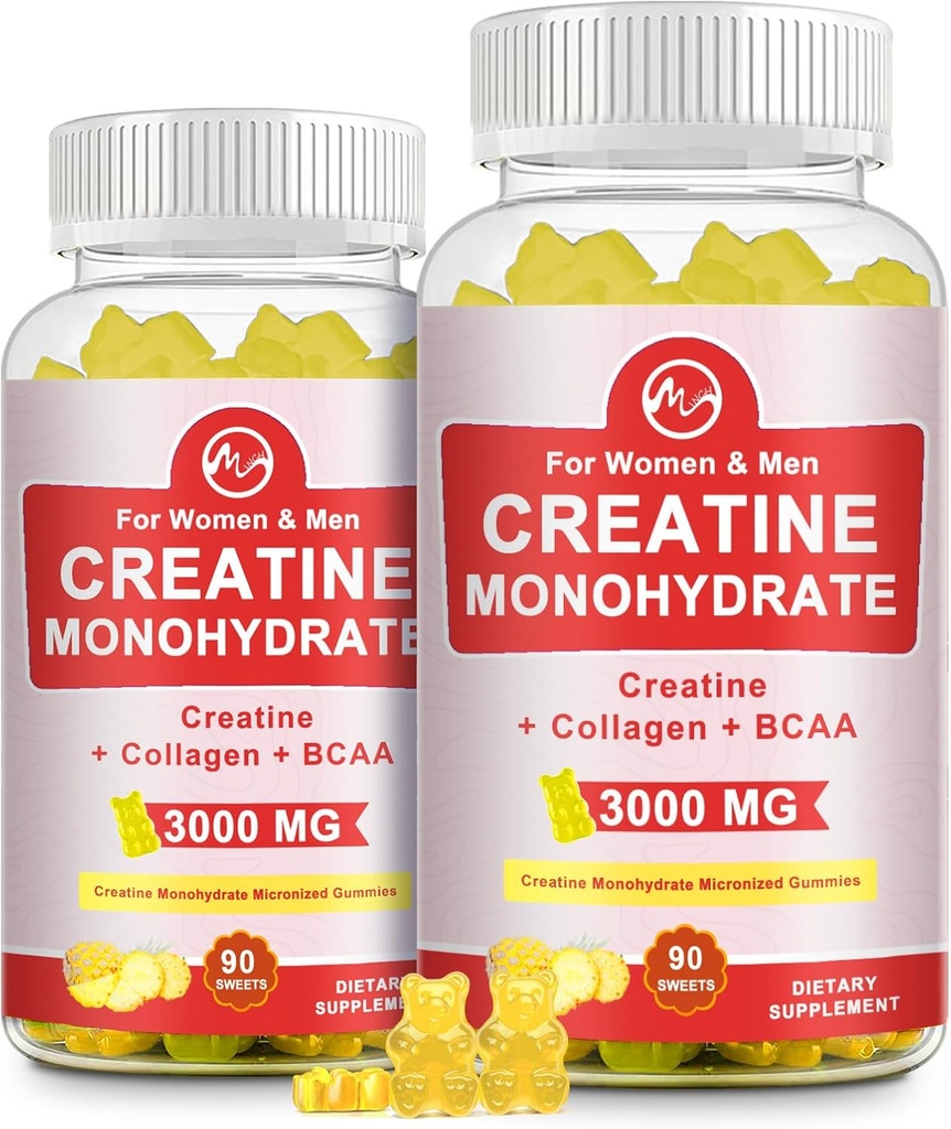 Creatine Gummy, 3g Kreatin-Monohydrat pro Servierung, Zuckerfreie Kreatin-Monohydrat-Gummy für Muskelwachstum und Stärke mit 0,5g Collagen, 0,2g BCAA, 60 Servietten, Ananas Flavor, 2 Packung