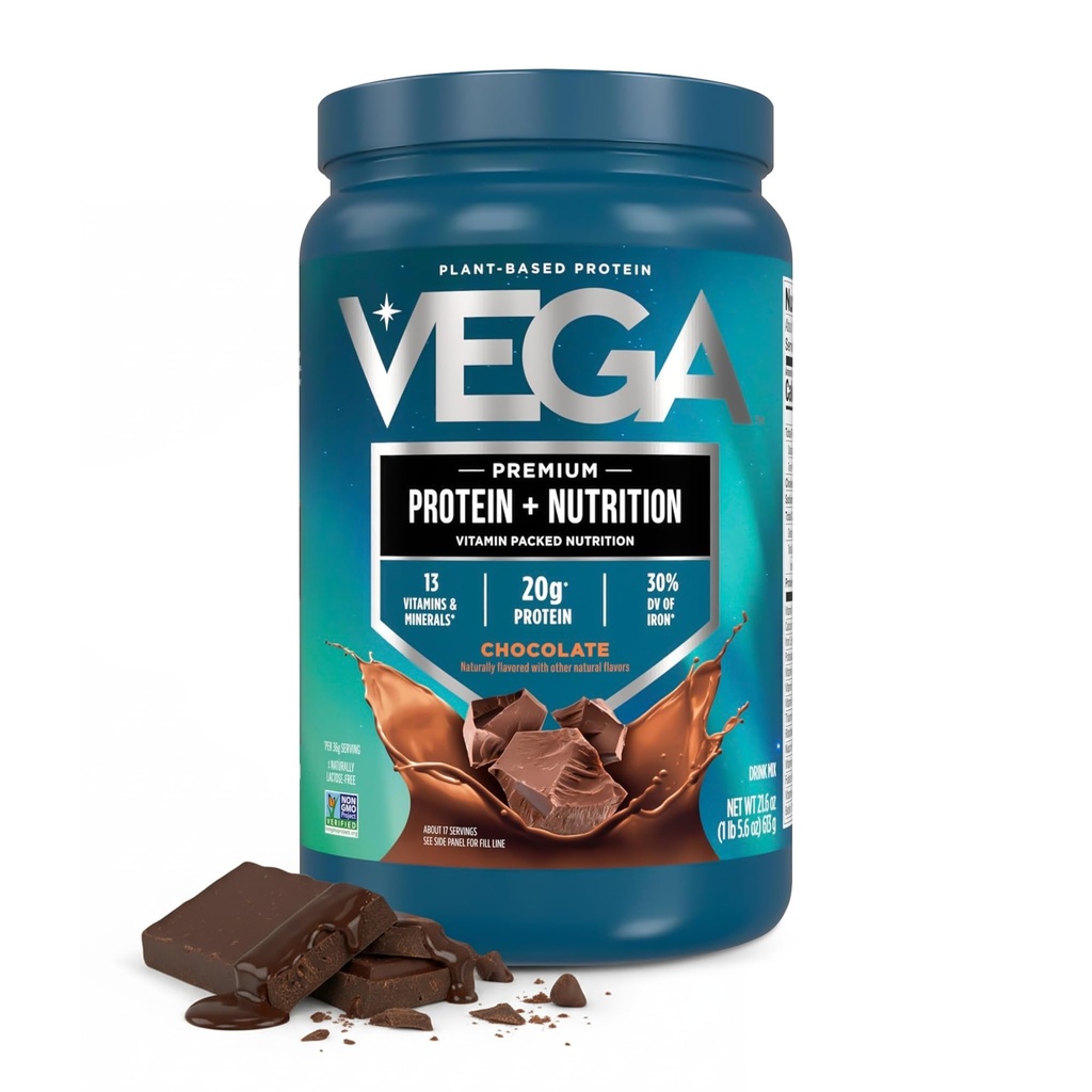 Vega Protein + Nutrition – 20g Plant Based Vegan Protein Powder, Chocolate for a Dairy-Free Protein Shake – Large Tub, 1.4lbs (17 Servings)