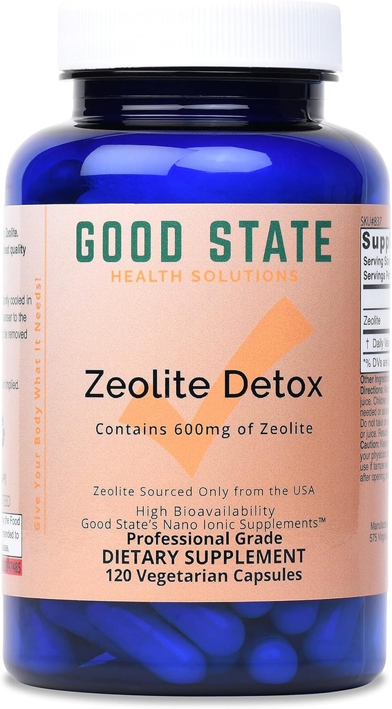 Good State | Zeolite Detox Supplement Clinoptilolite Capsules for Adults and Kids | 효과적인 신체 해독 및 클렌징을위한 최적의 흡수 나노 이온 비석 | 600 mg 각 서빙, 120 Veggie Caps