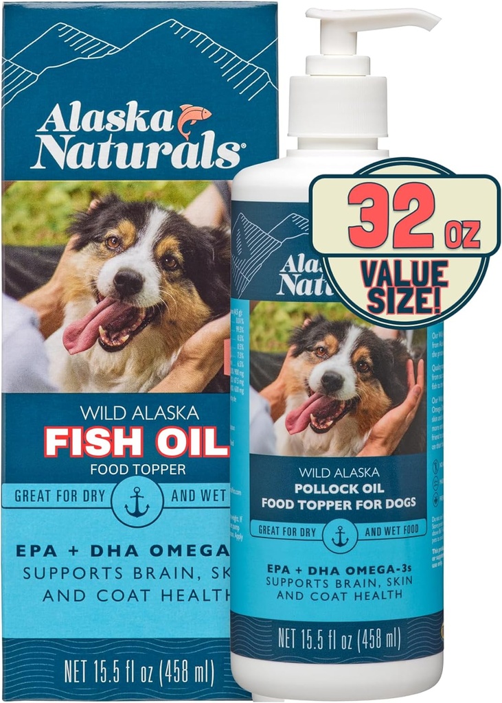 Aliaska Naturals Wild Aliaskan Fish Oil Addition for Food and Coat with EPA DHA Omega 3 Riebalų rūgštys Tvarus skystas maistas Topper 32 oz. Siurblys
