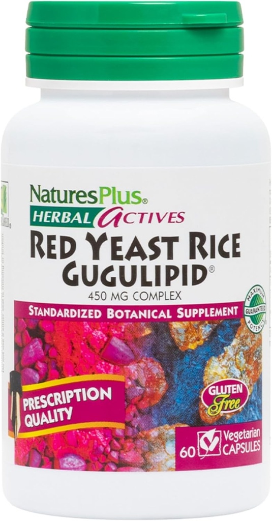 NaturesPlus Red Yeast Rice Complex Gugulipid - 450 mg, 60 capsule Vegane - Prescripție de calitate Suplimentul vegetal, Colesterol de sprijin - Vegetarian, Gluten-Free - 60 Serviri