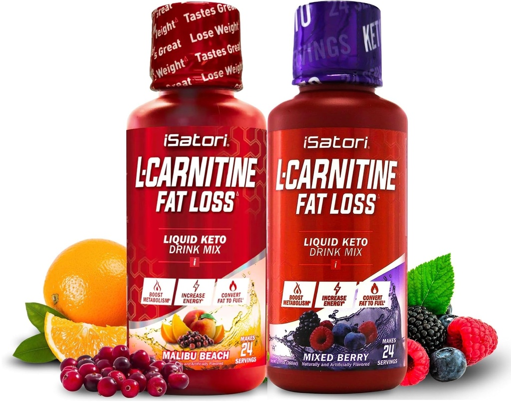 iSatori L-Carnitine 1500, Liquid L-Carnitine with Acetyl L-Carnitine, Mixed Berry Flavor (24 Servings) & Malibu Beach Flavor (24 Servings)