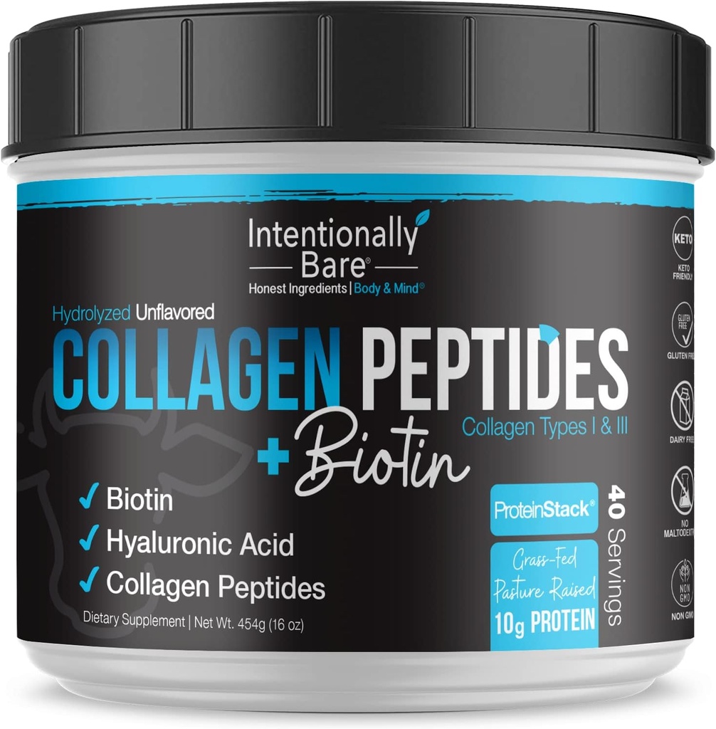 Intencionalmente Bare Collagen Powder Unflavored - Collagen Peptides Powder with Biotin & Hyaluronic Acid - Non-GMO & Grass Fed Collagen Protein Powder with 10g Protein - Keto Collagen Powder 40 Serving