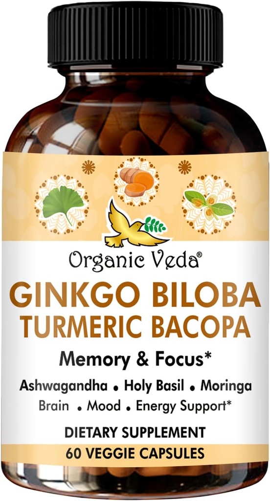 Organische Veda Ginkgo Biloba Kurkuma Bacopa Brain Supplement voor Geheugen, Mood & Focus met Ashwagandha - Concentratie, Energie & Brain Booster, Gezonde gewrichten & Circulatie Ondersteuning - 60 Vegan Capsule
