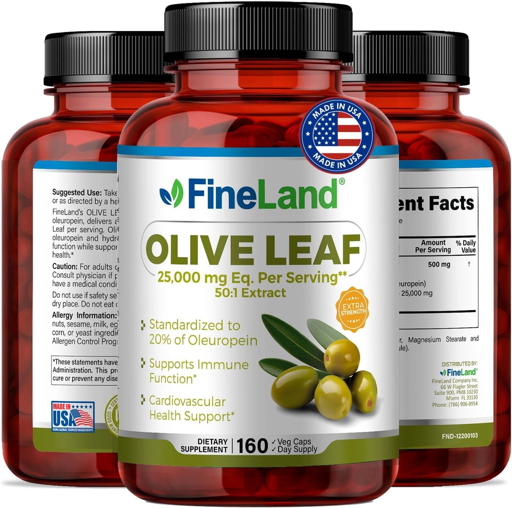 FineLand Olive Leaf Extract 50x - 25,000mg Eq. per Serving CLAND124; 160 Vegan Caps, Olive Extract with 20% Oleuropein CLAND124; Herbal Antioxidant Supplement for Circulatory and Immunal Support, Made in USA