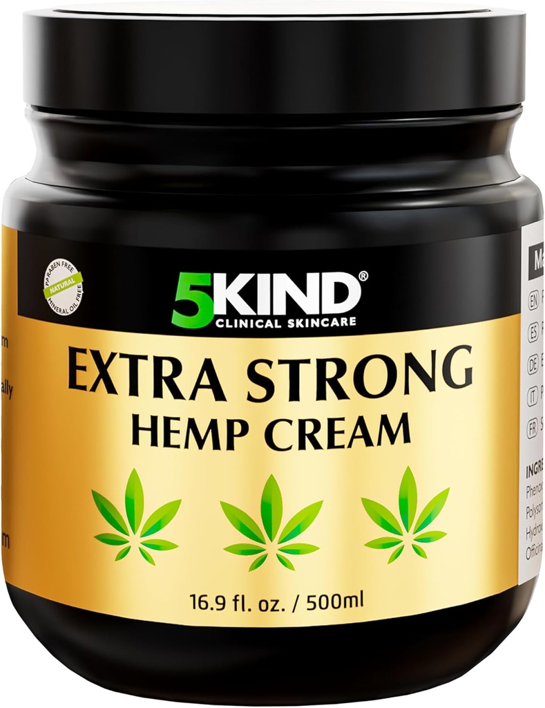 5kind Extra Strong Hemp Cream 16.9 fl oz- Maximum Strength - Natural Soothing Relief - Muscle Rub for Lower Back, Joints, Neck, Knees & Shoulders - Maximum Strength Hemp Cream