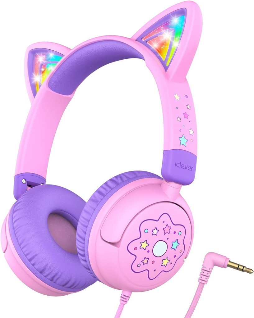 Słuchawki dla dzieci iClever Cat Ear, LED Light Up, 85dBA Safe Volume, Stereo Sound Toddler słuchawki dla szkół podróży, Składany 3.5mm przewodowy słuchawki dla dzieci na iPad Tablets, Meow Lollipop -Pink