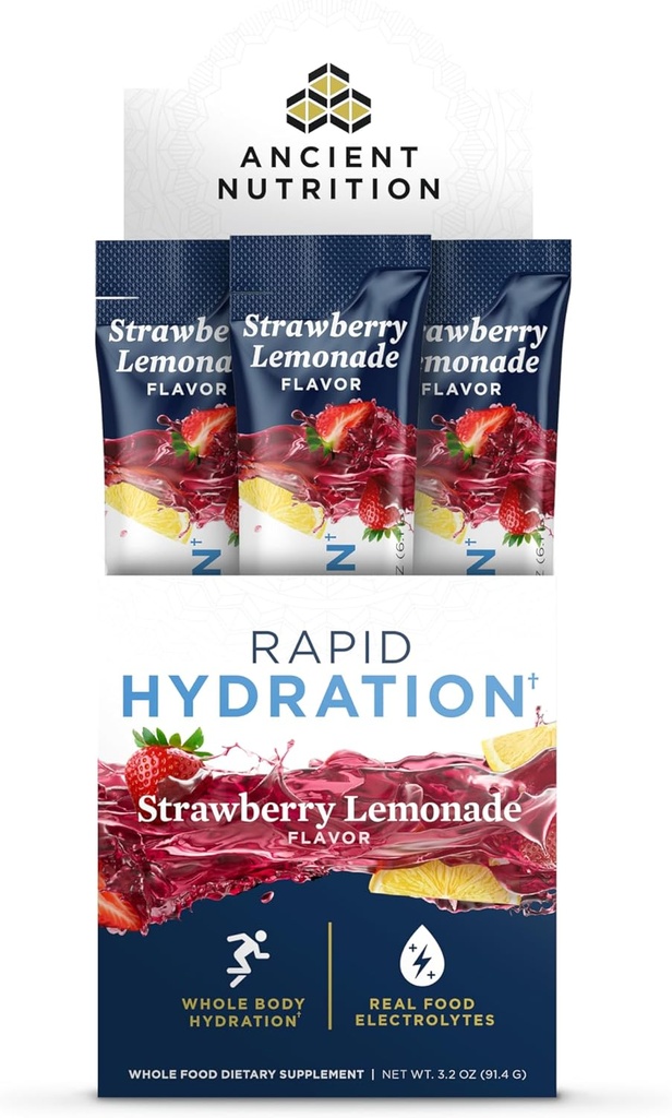 Ancient Nutrition Rapid Hydration Powder, Strawberry Lemonade, Electrolytes från Natural Sea Salts och Red Marine Algae, stöder snabb kroppshydrering och cellulär hälsa, 15 portioner