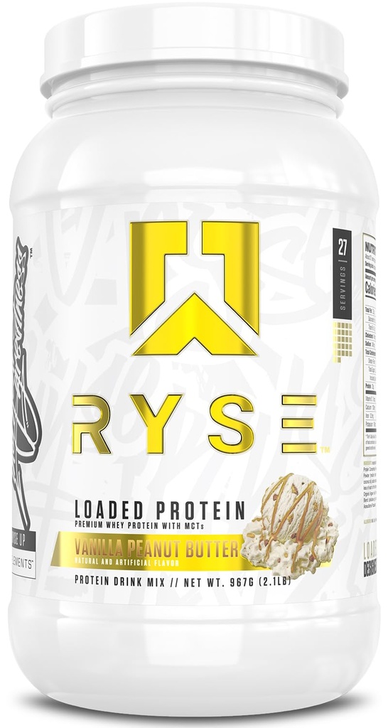 RYSE Loaded Protein Powder - Vanilla Peanut Butter - 25g Whey Protein Isolate & Concentrate with Prebiotic Fiber & MCTs - Low Carb, Low Sugar, Digestive-Friendly - 27 Servings / 2 lb Tub
