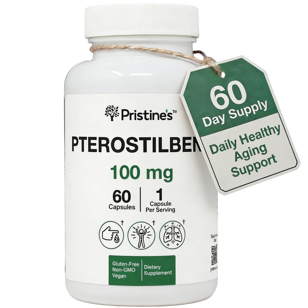 PRISTINE'S Pterostilbene 100mg Anti Aging Supplement Capsules - 60 Day Supply - Lung Health & Mental Clarity Antioxidant - High Bioavailability Vegan Non GMO