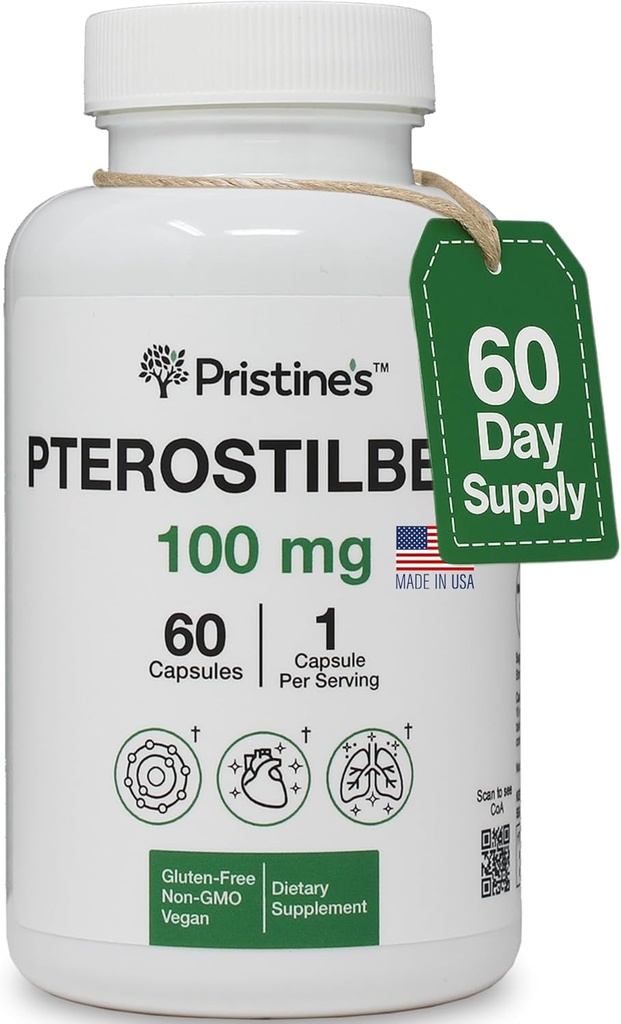 PRISTO'S Pterostilbene 100mmg Anti Aping Capules suplementaris - 60 dies de distribuïdora - Lung health i mental Clarity Antioxint - High Biovaibilitat Vegan GMO