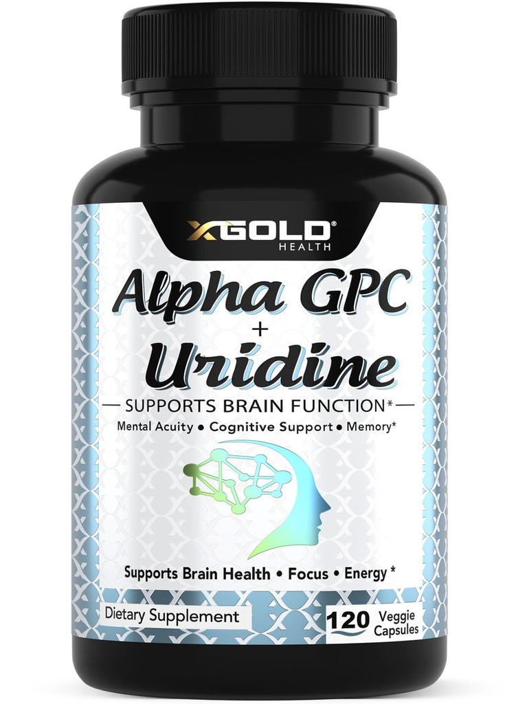 Alpha GPC + Uridine 900mg Powerful Nootropic for Boost Focus, Memory, Energy, Mood & Cognitive Performance 120 Vegetarian Capsules