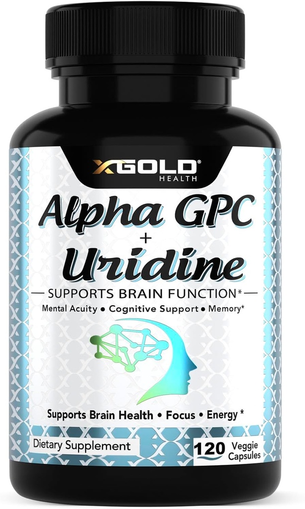 Alpha Gpc + Uridine 900mg - poderoso nootrópico para impulsar o foco, memoria, enerxía, estado de ánimo e rendemento cognitivo - 120 cápsulas vexetarianas.