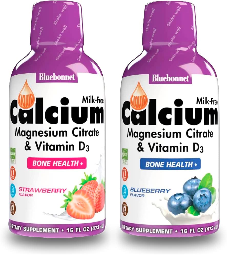 Bluebonnet Nutrition Liquid Calcium Citrate Magnesium Citrate, Vitamin D3- Bundle of Blueberry Flavor and Strawberry Flavor, 2 Bottle of 16 Fl Oz Each (32 Fl Oz Total)