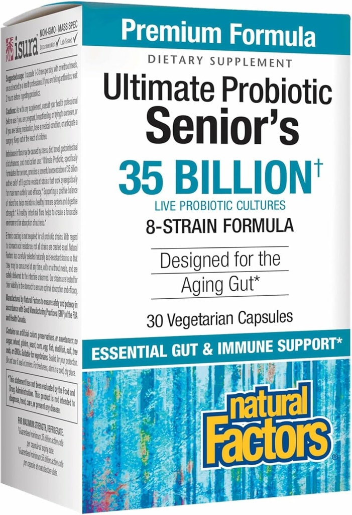 Natural Factors Ultimate Probiotic Senior's - Osasun Digestibo eta Inmunearentzako gehigarri nagusia - 35 Billion CFUs - Non-GMO & Gluten-Free - 30 kapsulak (30 zerbitzu)