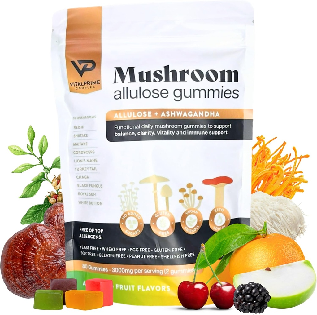 Sugar-Free Ashwagandha & Mushroom Gummies Supplement DEVE 124; 10 Functional Mushrooms per Serving Next 124; Immune Support, Focus, Energy Next 124; Vegan, Keto, Low Carb, Allulose Sweetener EVE 124; 80 Gummies, Natural Flavors