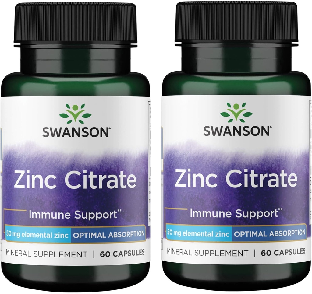 Swanson Zinc Citrate - Mineral supplement Promoting Healthy Immune System Health - Natural Formula Supporting Overall Wellness - (60 Capsules, 50mg each) (2 Pack)