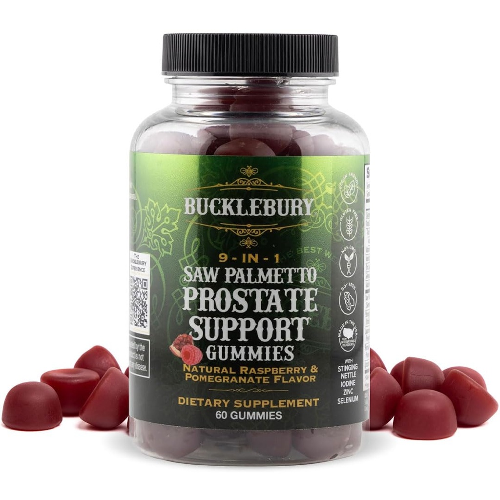 BUCKLEBURY 9-in-1 Natural Saw Palmetto Gummies with Raspberry & Pomegranate Flavor - Plant-Based Prostate Support Supplements for Mens Bladder Health, Hair Growth & Urinary Support - 60 Gummies