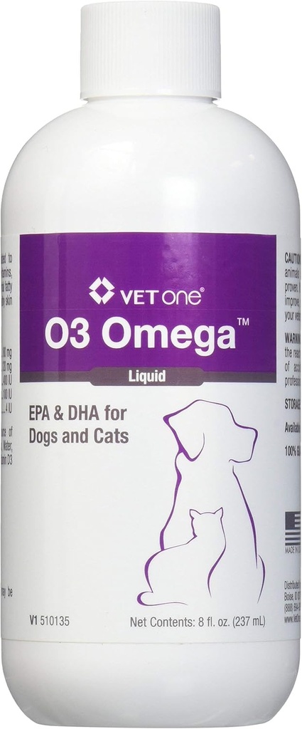 Vet One O3 Omega Liquid EPA " DHA for Dogs " Cats - Skin " Coat Supplement - Supports Immune System " Joint Health - 8 oz