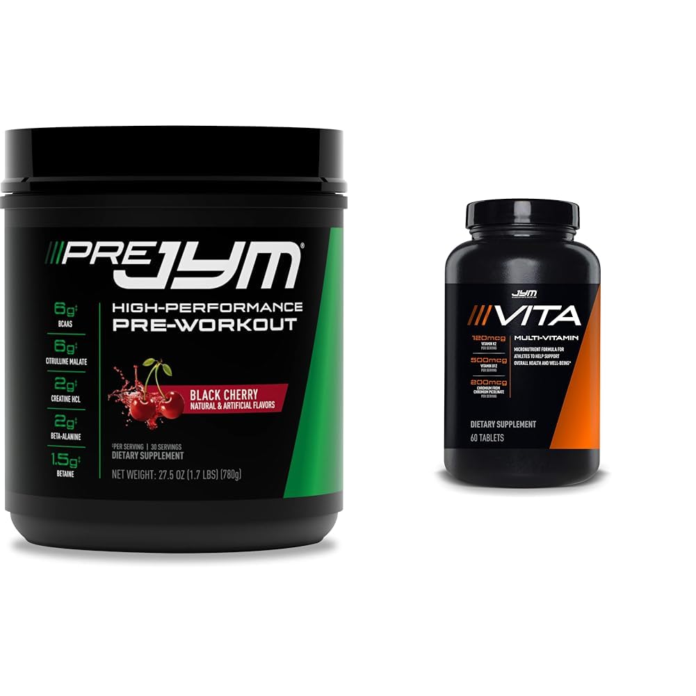 JYM Supplement Science PRE JYM 30 Servings - Black Cherry & Vita JYM Sports Multivitamin & Mineral Support, Vitamin A, C, B6, B12, E, K, Boron, Biotin, Potassium 60 Tablets