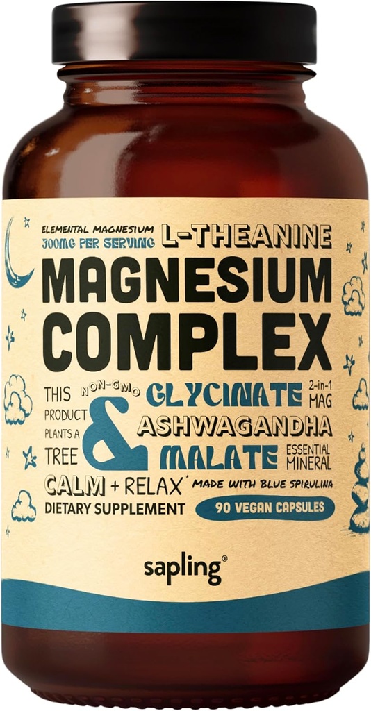 Magnesium Glycinate Complex Supplement - Gecheld Magnesium Glycinate with Malate, Organic Ashwagandha, L-theanine & Blue Spirulina - High Absorptie, Vegan, Non-GMO, 300mg, 90 Veggie Caps