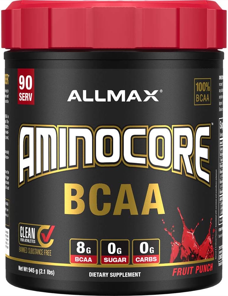 ALLMAX Nutritie AMINOCORE BCAA, Punch de fructe - 945 g pulbere - 8.18 Grams de lant ramificat Amin Acidi per servire - cu vitamine B - Nu Fillers sau non-BCAA Aminos - Sugar Free - 90 Serviri