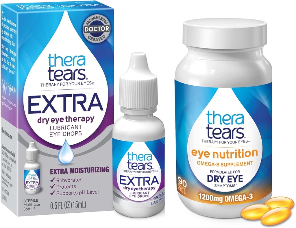 TheraTears 1200mg Omega 3 Supplement for Eye Nutrition,Organic ľanové semená Triglycerid Fish Oil & VIT E,90 Count Eye Drops, Extra Suché očné terapie,15 ml,0,5 Fl oz