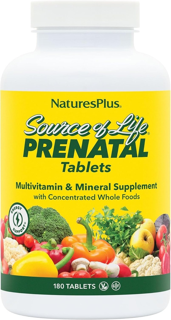Natures Plus Source of Life Prenatal - 800 mcg Folate, 180 채식 정제 - 철 및 칼슘이있는 모든 자연 예비 비타민 및 미네랄 - 최적의 건강 및 에너지 - 글루텐 - 무료 - 90 서빙