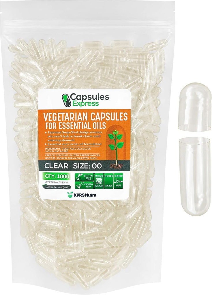 XPRS Nutra Size 00 Tukšas Vegan kapsulas - 1000 Skaitīt Clear Veggie Kapsulas esenciālākajām eļļām - Tukšas augu tabletes - DIY Oil Pildījums