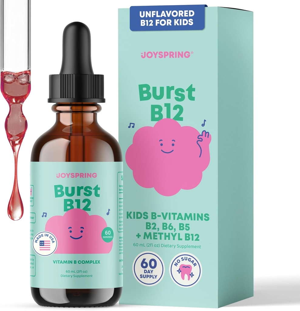 JoySpring Burst B12 Drops - Vitamine B Complex for Kids (2 fl oz) B2, B6, B5 + Methylcobalamine B12 Kinderen supplement ter ondersteuning van gezonde groei en ontwikkeling, Vegan B12, Leeftijden 2-16+ 