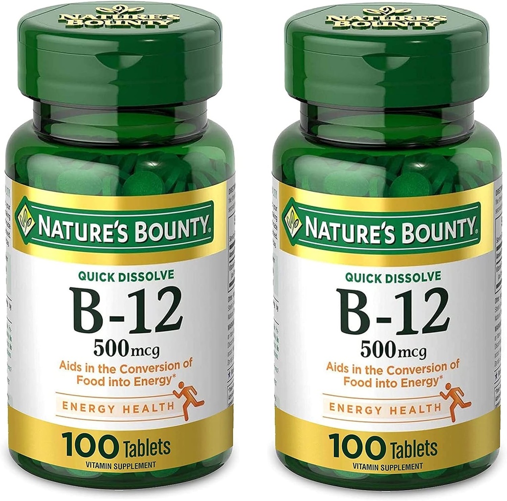 Nature's Bounty Vitamin B12, apoia o metabolismo enerxético e a saúde do sistema nervioso, 500mcg, Tablets, 100 Ct