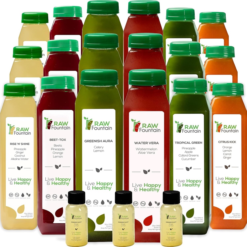 5 Day Juice Cleanse by Raw Fountain, Tropical Flavors, All Natural Raw, Cold Pressed Fruit and Vegetable Juices, Detox Cleanse, 30 Flaschen 12oz, 5 Bonus Ginger Shots