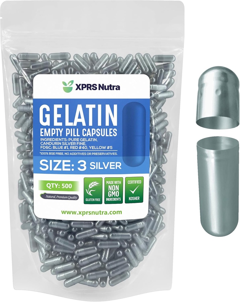 XPRS Nutra Size 3 capsule vuote - 500 conta capsule Gelatin vuote - pillole DIY Capsule Filling - Pure Bovine Pill Gel Caps Fillable for Do-It-Yourself Vitamins and Supplements (argento)