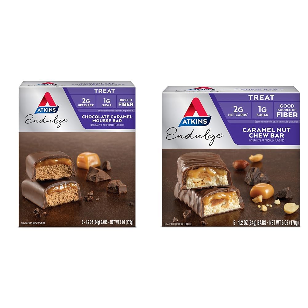 Atkins Endulge Chocolate Caramel Mousse Bar 5 Count and Caramel Nut Chew Bar 5 Count Bundle