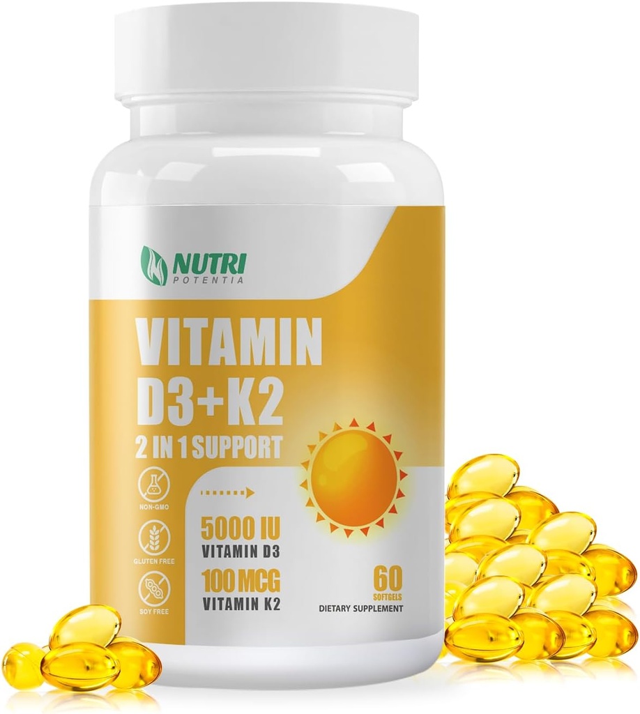 Vitamin D3 K2 s MCT olejem, Vitamin D3 5000 IU a K2 100mcg, Formule 2 v 1 pro zdraví kostí a srdce, Gluten Free - 60 Počítání Softgels