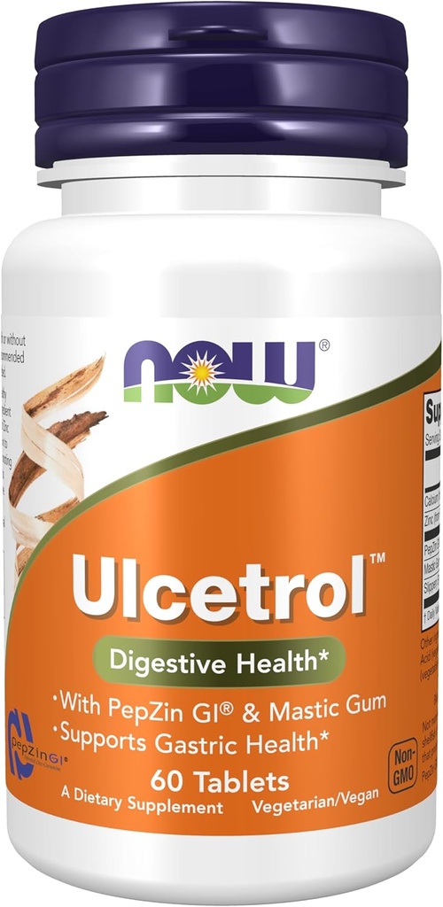 NOW Хранителни добавки UlcetrolTM, Digestive Health*, с PepZin GI® и Mastic Gum, поддържа стомашно здраве *, 60 таблетки