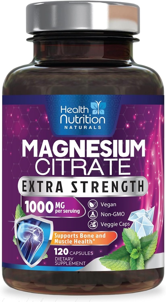 Magnesio Citrate kapsulak 1000mg - Max Absorption Magnesium Powder Muscle, Nerve, Bone eta Heart Health Support, Absorption Citrate Complex, Gluten Free, Non-GMO - 120 kapsulak