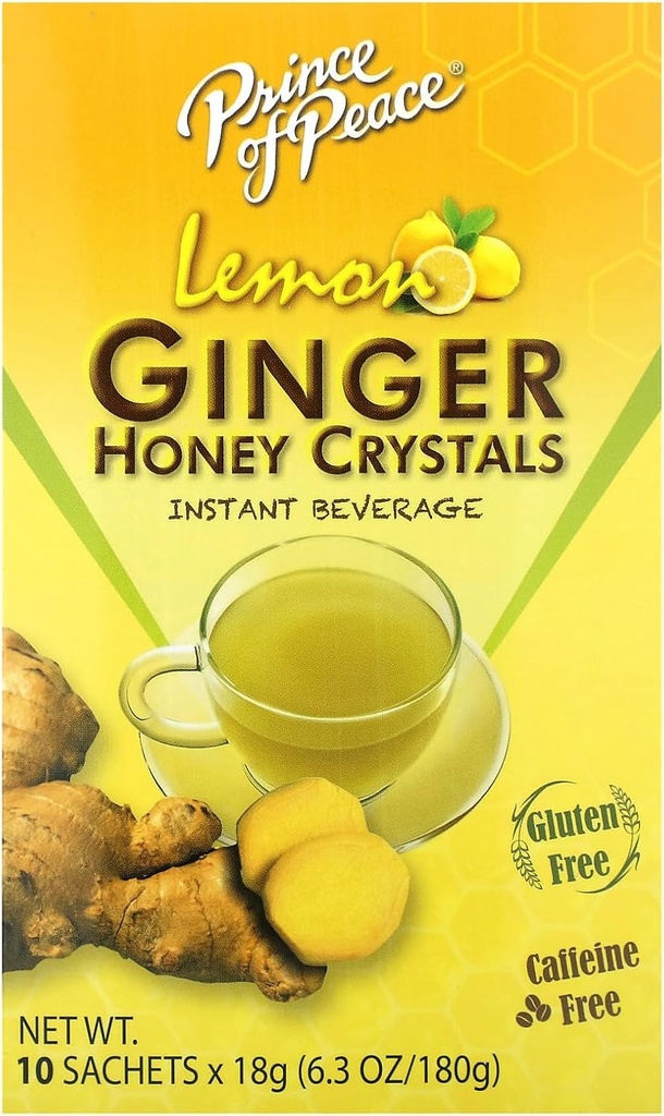 Prince of Peace Instant Natural Lemon Ginger Honey Crystals, 10 Sachets - Instant Hot or Cold Beverage for Nausea Relief and Soothes Throat - Mudah Brew Ginger and Honey Crystation