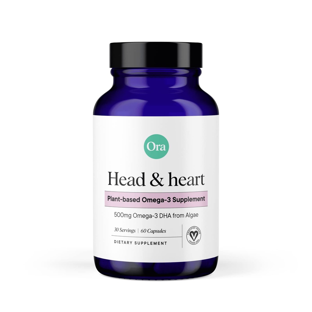 Ora Organic Vegan Omega 3 Supplement - 500mg DHA for Brain, Eye, and Heart Health - Made from Sustainable Algae - 60 Capsules