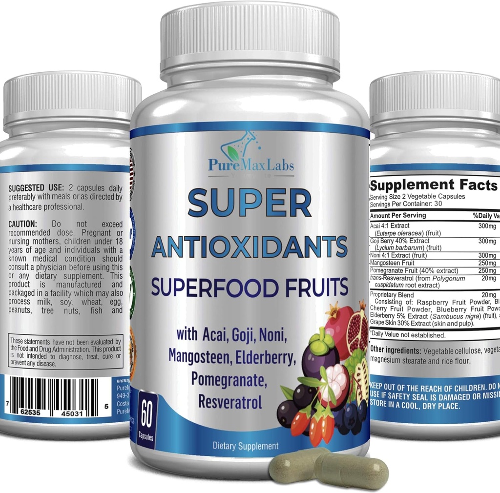 Super Antioxidante Fruit Superfood Complex - Poderoso Antioxidante Superfrutas, Acai, Goji, Noni, Mangosteen, Romã, Elderberry, Resveratrol, Imune Support, Skin Care - 60 Cápsulas