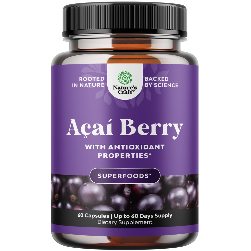 Acai Berry Supplement for Energy & Weight Goals - Immune Support Supplement with Antioxidant Benefits - 600 mg per Serving Acai Berry for Cognitive Health - Advanced Skin Care Support - 60 Count