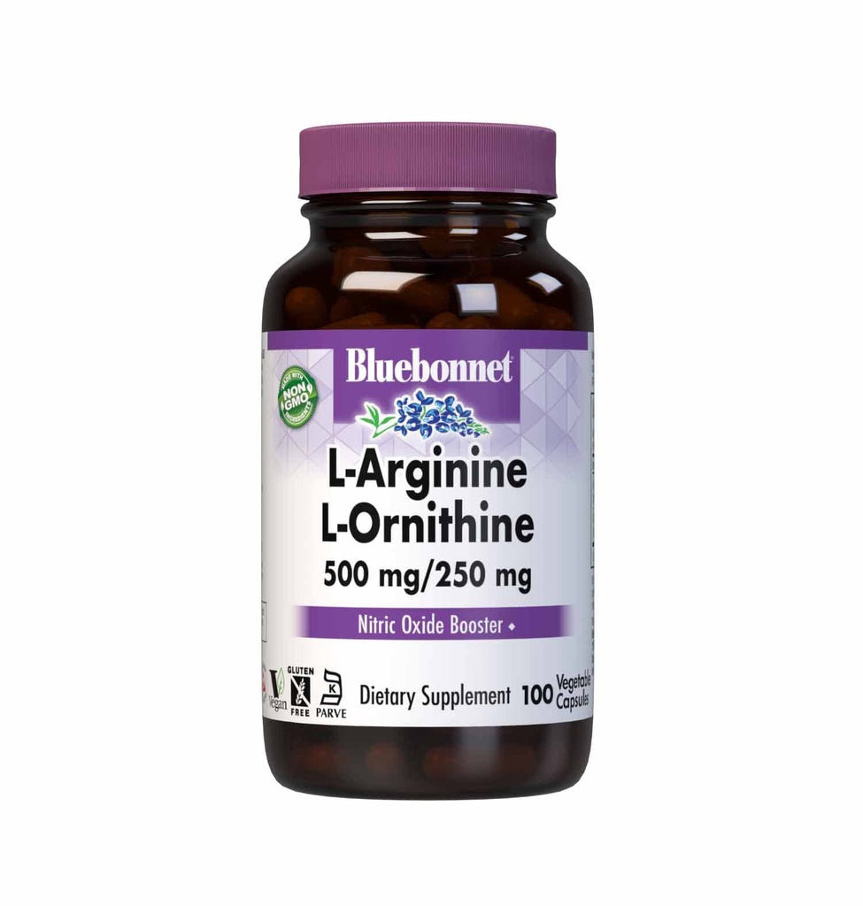 Bluebonnet Nutrition L-Arginine 500mg/L-Orinithine 250mg, Supports Protein Metabolism*, Soy-Free, Gluten-Free, Non-GMO, Kosher Certified, Vegan, 100 Vegetable Capsules | Third-party tested for purity and potency; manufactured in the USA