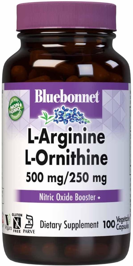 Bluebonnet Nutrition L-arginiin 500mg/L-orinitiin 250mg, toetab valgu ainevahetust *, sojavaba, gluteenivaba, mitte-GMO, Kosher Certified, Vegan, 100 köögiviljakapslit