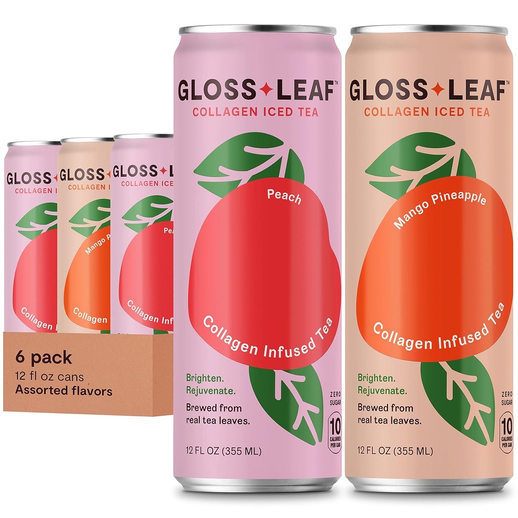 Gloss Leaf Kollagen Iced Te (Zero-Sugar, Assortert): Brewed svart te med collagen Peptides Protein & Vitamin C, Skjønnhet & Anti-Aging, 12 Fl Oz, 6 Pack